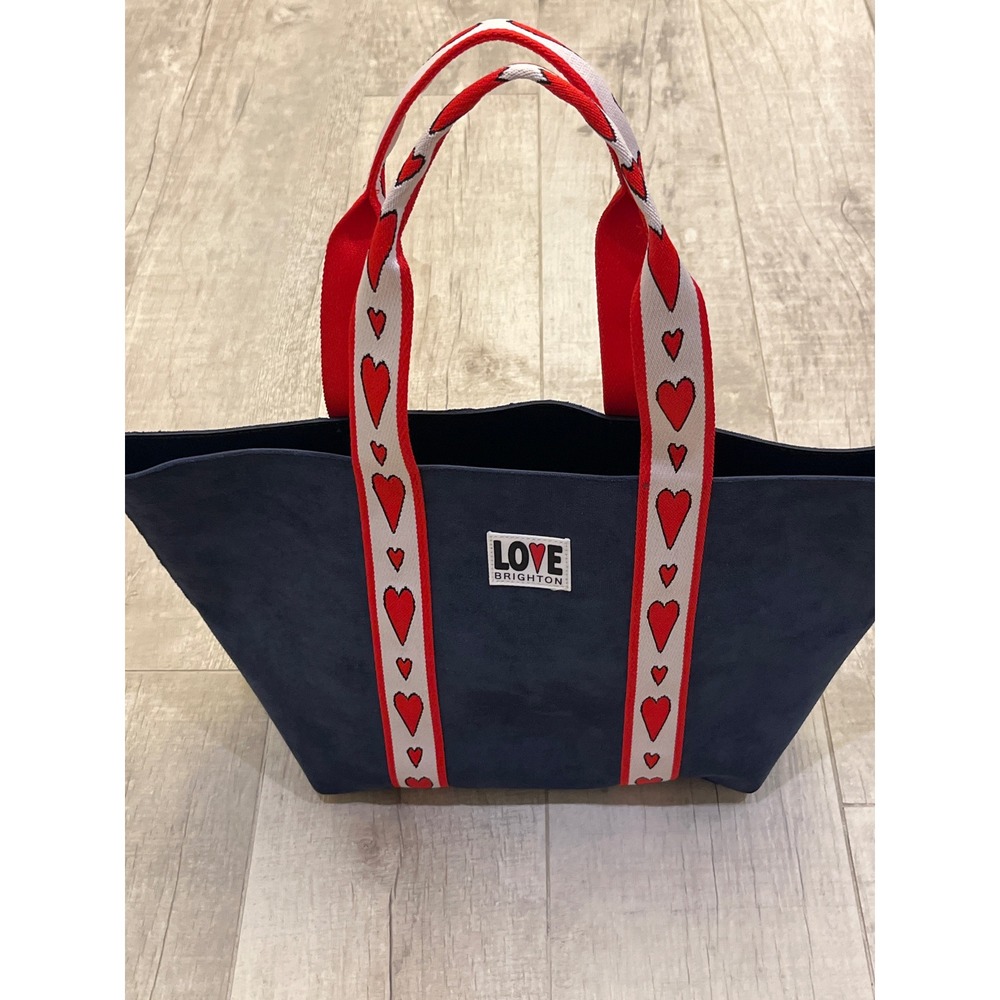LOVE BRIGHTON Navy Suede Tote Bag Red Heart‎ Strap
